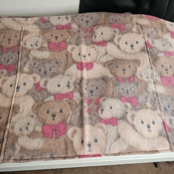 Teddy Bear Flannel Panel W44" L71" w Sewn Pocket Craft Apron Blanket Brown Pink - Picture 2 of 5